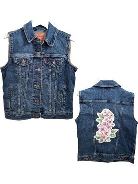 Levi's Denim Vest-Women's M-Upcycled Trucker Jacket Sleeveless Floral Bird Patch